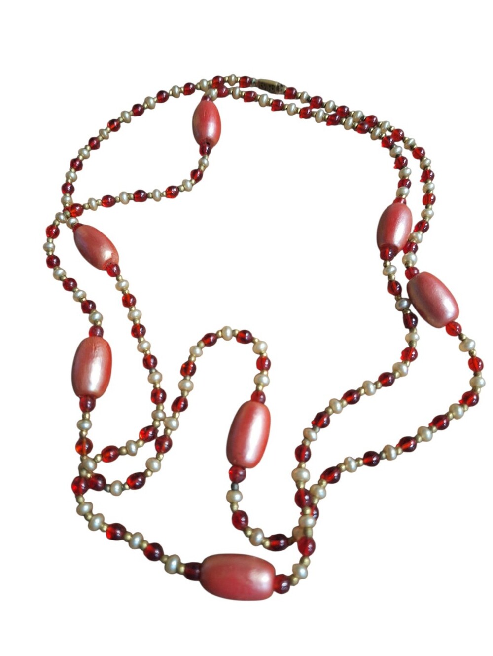 True Vintage BEADED Double Length Necklace Silver Red & Pink Old Money Grandma